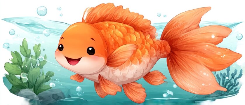 Cute cartoon goldfish in water