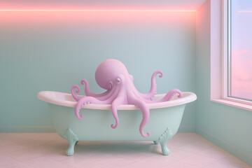 Colorful octopus relaxing in a vintage bathtub against a pastel backdrop with soft lighting Generative AI