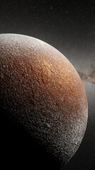 Naklejka premium Textured planet in space, partially lit, reveals a detailed surface amidst a backdrop of stars and the Milky Way