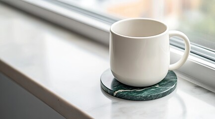 White mug on green marble coaster, windowsill