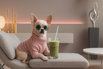 Stylish dog in sunglasses enjoying green smoothie in modern living room setting during afternoon relaxation Generative AI
