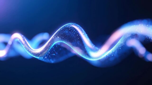 A slow pan following the gracefully undulating wave of blue and purple particles