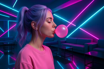 Young woman blows a bubble gum in a vibrant neon-lit lounge with stylish seating and colorful lighting Generative AI