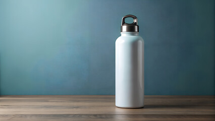 Reusable water bottle on a wooden surface against a textured blue background