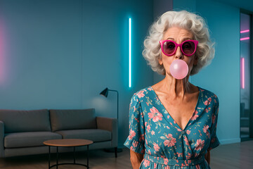 Senior woman blowing bubble gum indoors with vibrant colors and stylish glasses in a modern setting Generative AI