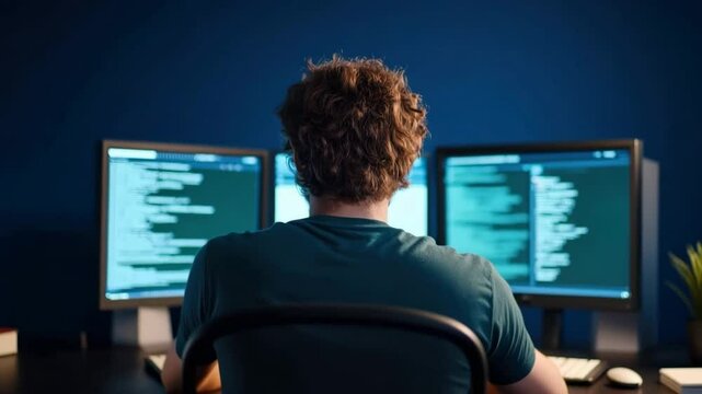 Young man looking at monitor, writing code or debugging it