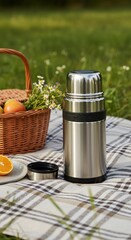 Stainless Steel Food Flask on Plaid Picnic Blanket
