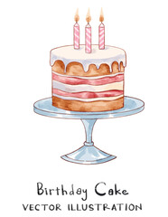 Watercolor birthday cake, strawberry and vanilla cream with pink candle on the top. Vector illustration suitable for birthday project, print for invitation card, poster design.