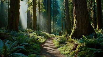 Sunlight streams through ancient forest. Lush greenery blankets a path