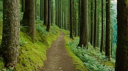 Obraz premium A winding path through a lush forest. Tall trees line a dirt trail covered in moss and ferns