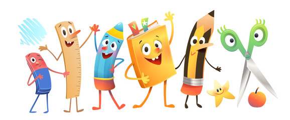 Animated School Supplies Characters with Fun and Friendly Faces. Anthropomorphic characters pencil, book, and eraser. Colorful children preschool education characters vector cartoon illustration.