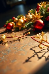 Christmas magic golden and red ornaments on wood table warm winter light