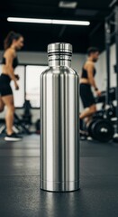 Steel Water Bottle in Blurred Gym Setting