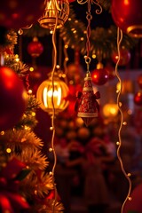 Warm Christmas lights glowing ornaments festive season cheer