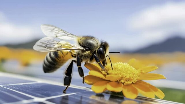 Close up of bee pollinating yellow flower and collecting nectar amidst nature, insects, and macro details, highlighting pollination, pollinator role, and harmony of natural environment with solar