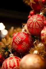 Sparkling red Christmas ornaments gold accents festive holiday cheer