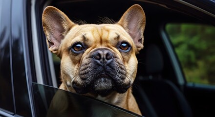 french bulldog puppy, Focused French Bulldog on a highway journey, taking in the world from the car window.