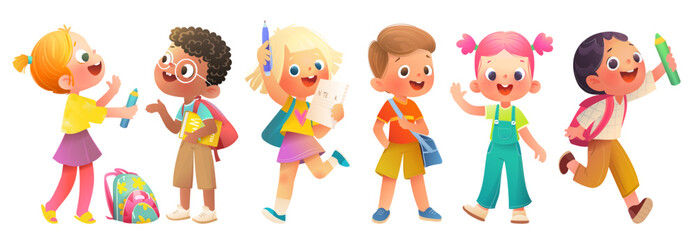Group of elementary or primary school children with pencils and backpacks. Playful happy kids, back to school character design. Colorful children education characters vector cartoon illustration.