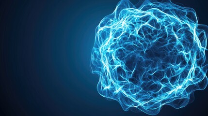 A glowing blue neural network orb with intertwined electric filaments on a dark gradient background.