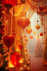 Magical Christmas ambiance golden and red ornaments create a festive wonderland