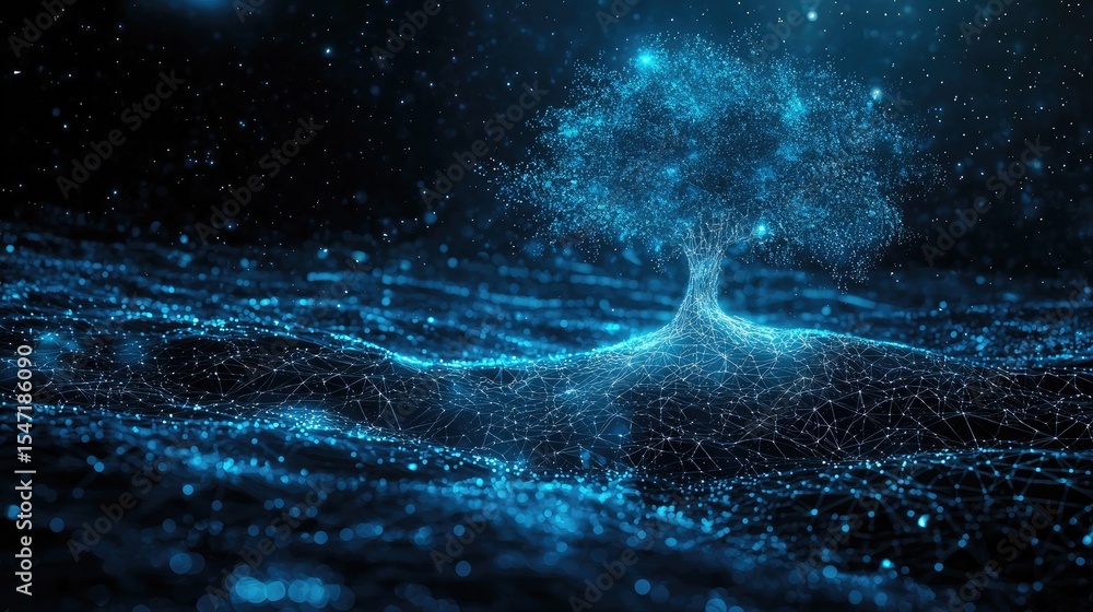 Poster a glowing digital tree emerges from a network of interconnected blue nodes and lines, symbolizing te
