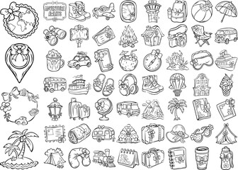 Hand drawn travel, adventure, transport, and vacation elements for journey and exploration design
