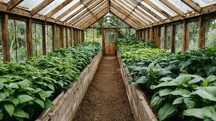 Lush plants in a rustic greenhouse.