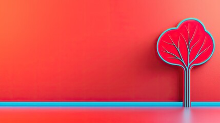 A modern, stylized red tree shape stands against a red textured wall with a blue floor border, creating a vivid, minimalist art scene.