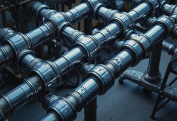 Illustration of shiny metal pipes arranged in a workshop corner