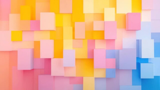 The entire geometric pattern gently pulses, with all the blocks scaling up and down in unison, like a slow breath With each pulse, the colors of the blocks smoothly shift