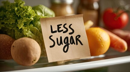 Less sugar from reduce level and limit adjustment concept. Fresh vegetables and fruits promoting a healthy lifestyle.