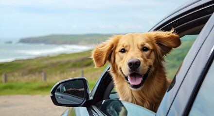 dog in car, Joyful Golden Retriever with head out of car window on an adventurous coastal road trip.