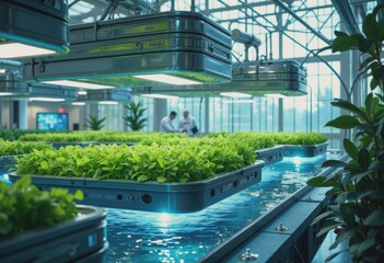 Hydroponic trays filled with vibrant leafy greens in a modern greenhouse