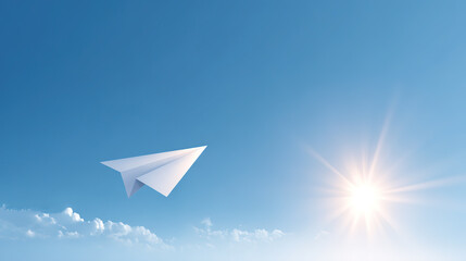 Paper airplane flying in the blue sky and freedom dream theme concept