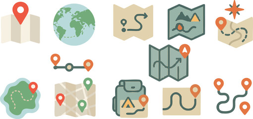 Flat Travel Map Icon Set with Pins and Path Lines for Trip Planning and Navigation Design | Generative AI
