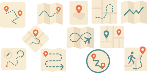 Flat Travel Map Icon Set with Pins and Path Lines for Trip Planning and Navigation Design | Generative AI