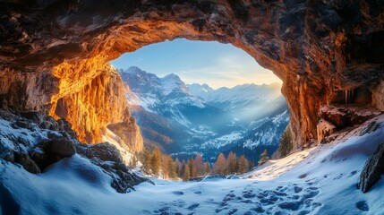 Majestic winter sunrise illuminating snowy Dolomites valley from inside a mountain cave