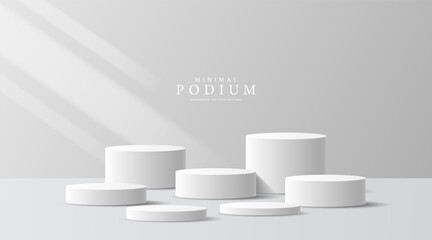 3D product Minimal display stand, white circle on gray background. Abstract geometric shapes in a simple design. Fashion stage mockup scene. Studio product display stand. Product advertising stand