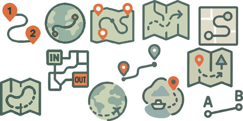 Flat Travel Map Icon Set with Pins and Path Lines for Trip Planning and Navigation Design | Generative AI