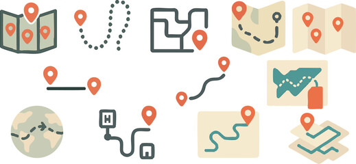 Flat Travel Map Icon Set with Pins and Path Lines for Trip Planning and Navigation Design | Generative AI