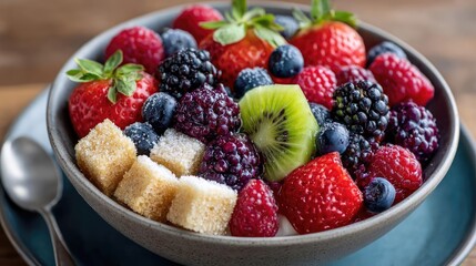 Sugar detox plan with less and diet adjustment concept. A colorful bowl of fresh berries and kiwi with sweet toppings.