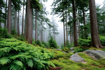 Fototapeta premium Fog slowly rising in magic forest with ferns and moss covering the ground