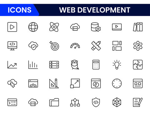Sleek vector web line icons depicting web development, coding, design, browsers, and tools for creating dynamic, user-friendly websites.