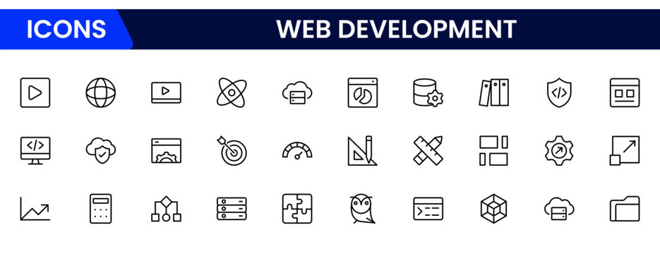 Sleek vector web line icons depicting web development, coding, design, browsers, and tools for creating dynamic, user-friendly websites.