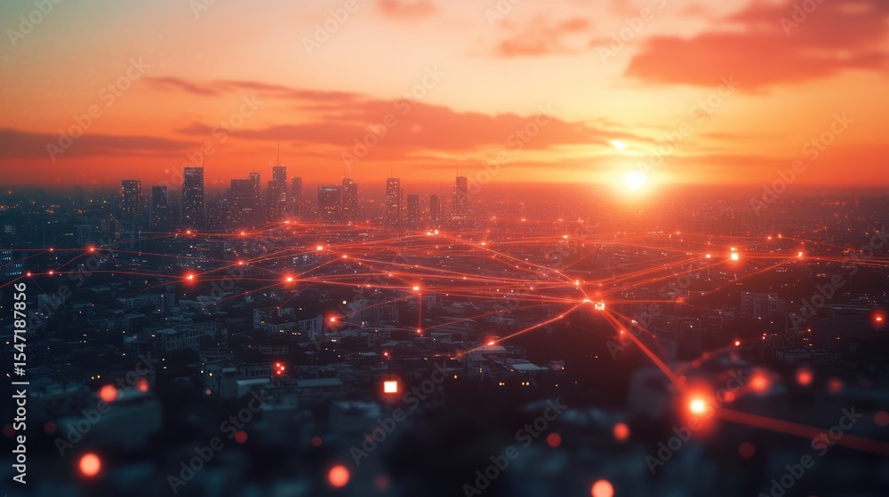 Poster digital network over cityscape at dusk: interconnected communication and infrastructure
