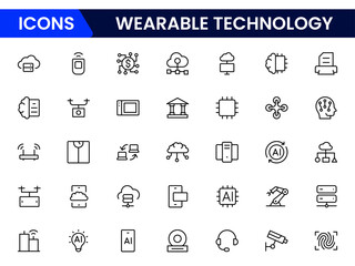 Sleek vector web line icons depicting wearable technology, smartwatches, fitness trackers, sensors, and innovative devices for connected lifestyles.