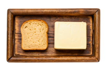 Slice of bread and a block of butter on a wooden tray isolated with transparent background
