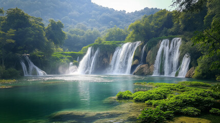 Beautiful waterfall cascaded down cliff, its flowing torrent crashing over rocks into river.