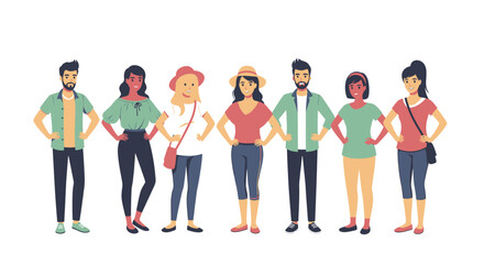 Obraz premium A group of seven diverse young adults stand together, smiling, in casual attire, against a white background.