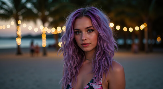 Woman with purple wavy shoulder-length hair in a floral top on a beach at dusk with bokeh lights. Mystical evening charm and trendy hair color. For fashion blogs, beauty inspiration, or party themes